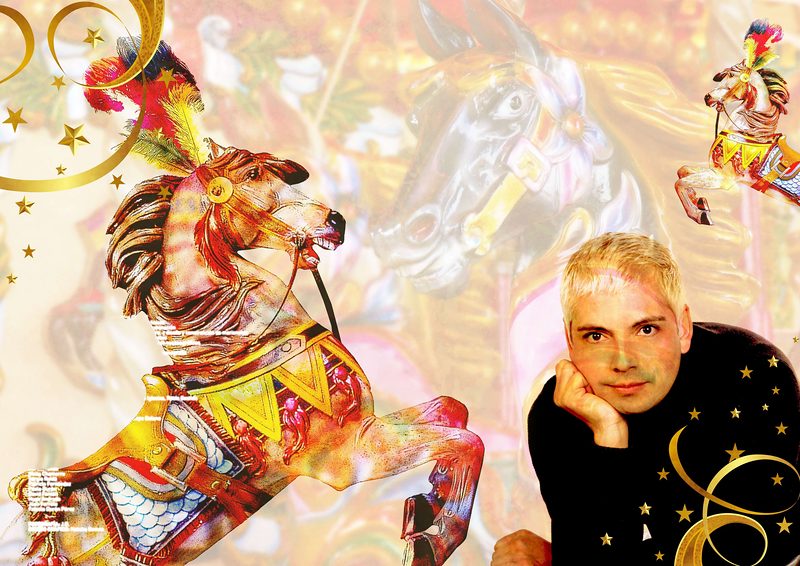 Collage de caballos de tiovivo con un retrato.