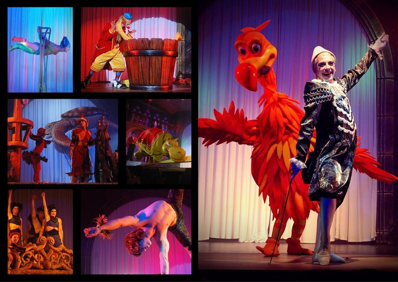 Collage de escenas de Galtük con el gallo gigante y un payaso.