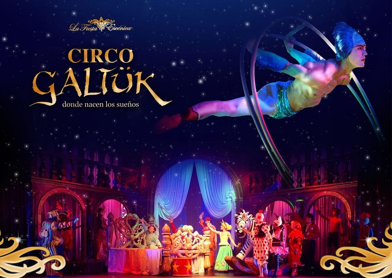 Portada de Circo Galtük con una artista aérea sobre el escenario.