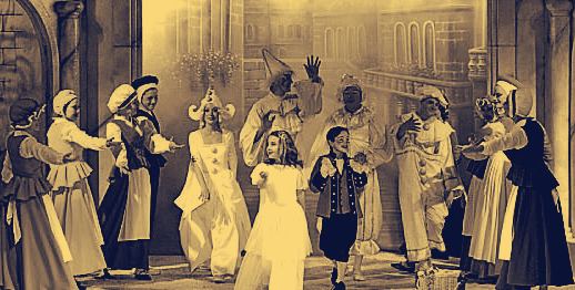 Fotografía de archivo: elenco con trajes de época y una niña vestida de blanco en un decorado urbano.