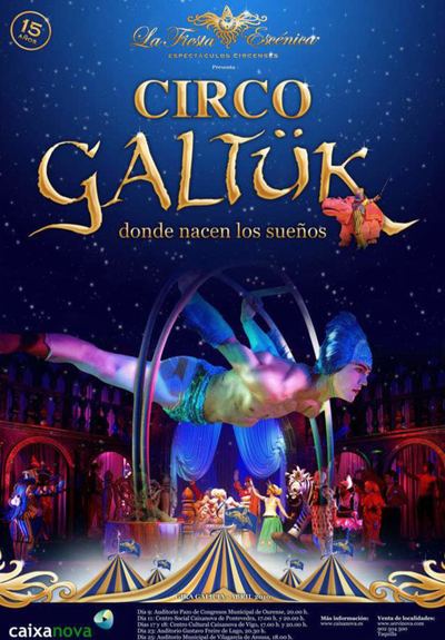 Cartel de Circo Galtük, «donde nacen los sueños», con una acróbata en aro.